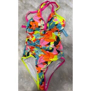 PopviI Beach One Piece Swimsuit S Floral Print Cross Back Plunge Ruched